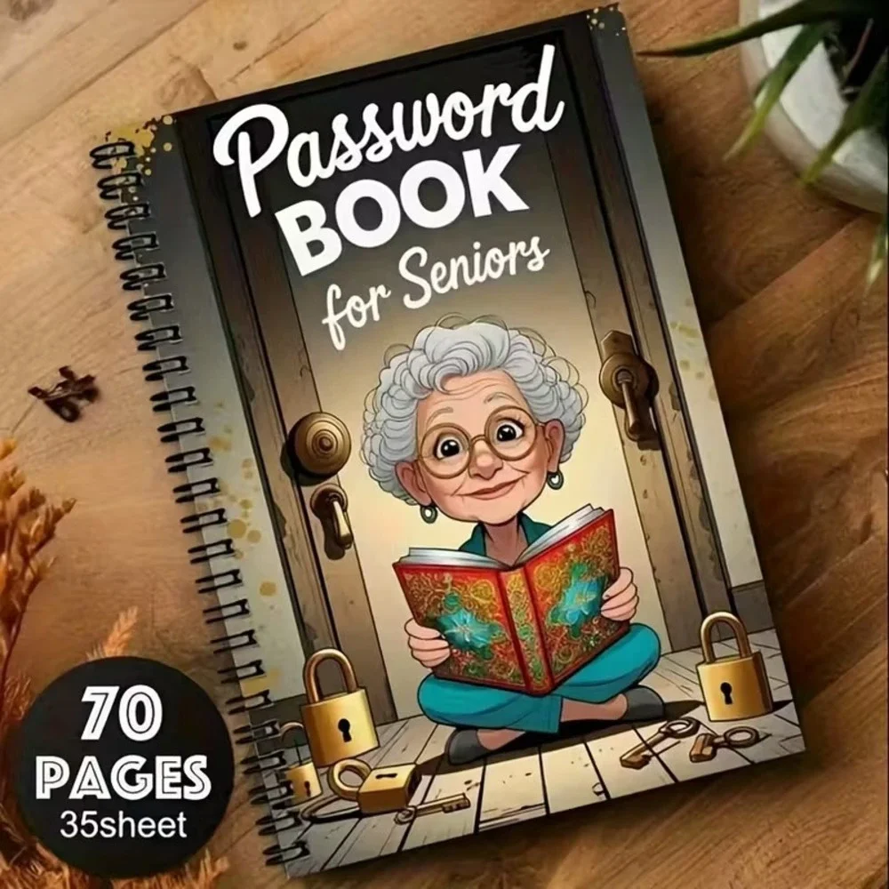 Cartoon Spiral Password Book For Seniors (70 Pages)